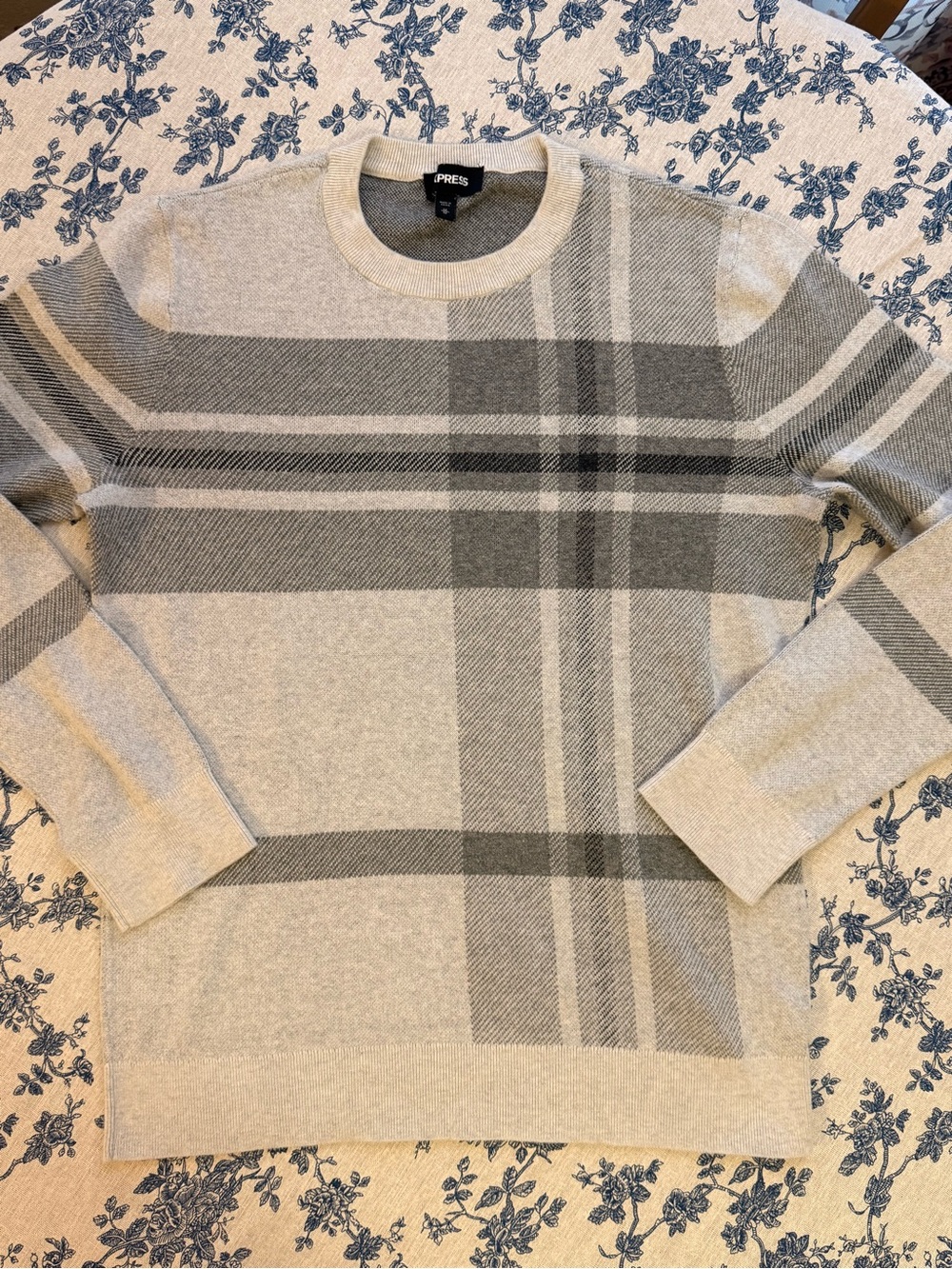 Express Men's Crewneck Sweater - Light Gray and Charcoal Plaid